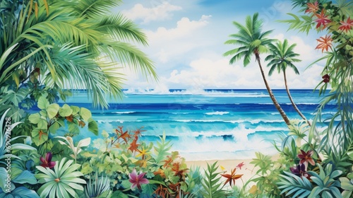 a visually captivating canvas that seamlessly combines the vibrancy of tropical greens and the tranquility of ocean blues.