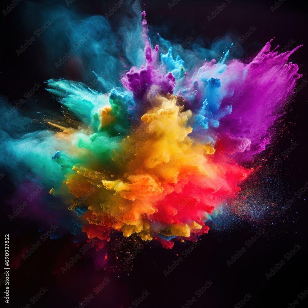 Multicolored explosion of holi paint powder on black background