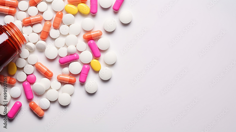 Pills and capsules are scattered on the white table. View from above Pills and capsules are scattered on the white table. View from above