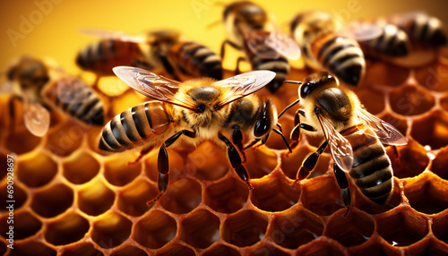 Recreation of bees in a comb of a beehive	 photo