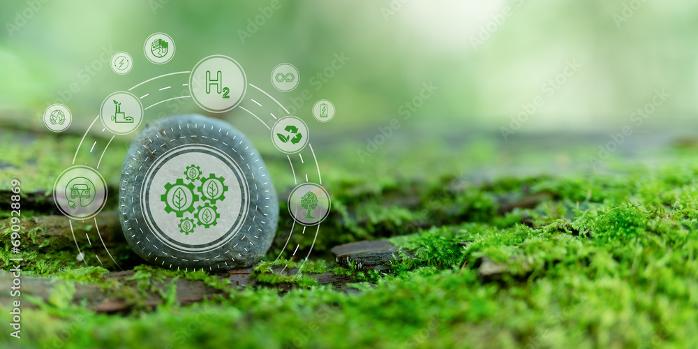 Sustainable technology concept. Renewable energy sources, efficient energy management and waste reduction. Green technologies for minimizing carbon footprint and live in harmony with the environment. - obrazy, fototapety, plakaty 