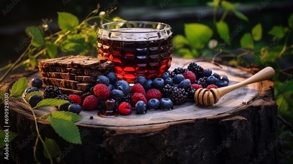 tea and fruit honey on a wooden stump