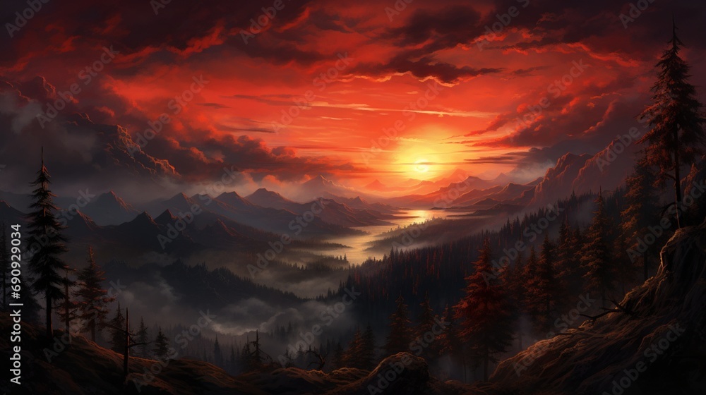 a vivid scene with gradients of fiery oranges and sunset reds, invoking a sense of warmth and energy.