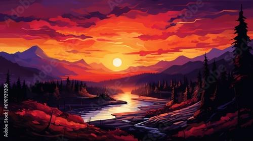 a vivid sunset with gradients of fiery reds, deep oranges, and dark purples, creating a warm and inviting atmosphere.