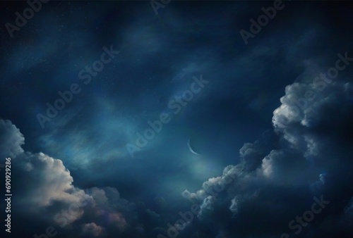 Dark blue abstract background. Night sky with clouds and moonlight. Navy blue sky background with copy space for design