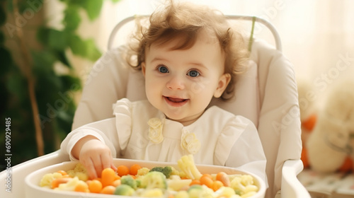 a small child eats in a high chair. the child eats complementary food