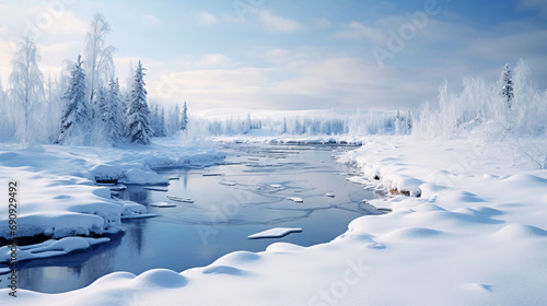 A frozen river winding through snow-covered landscapes, AI Generative.