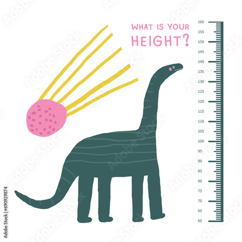 Dinosaur kid height measurement, centimeter, chart with dino, comet meteorite