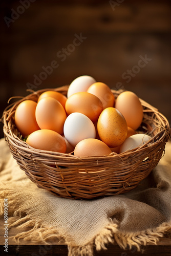a basket of chicken eggs on a wooden table