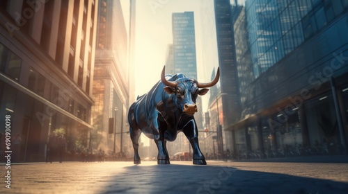 One Bull walking along ascending stock market arrow  on a blurred cityscape background. 