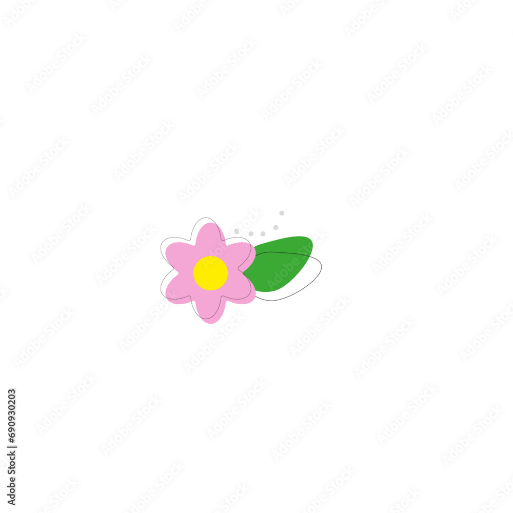 Simple vector of a pink and yellow daisy with a branch and green leaves.
