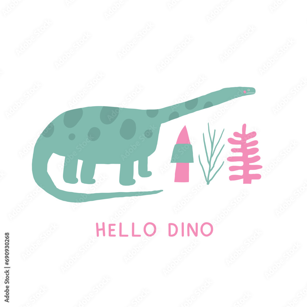 Cute dinosaur postcard with funny hand drawn doodle dino, plants, diplodocus. Jurassic era cover, template, banner, poster, print. Extinct animal background for kids