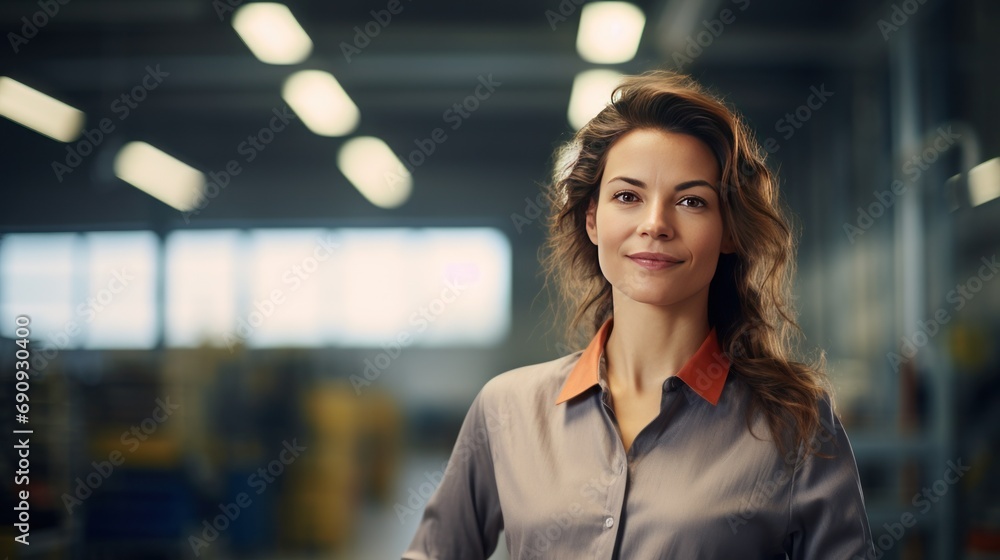 confident woman in factory storehouse confident woman in factory storehouse