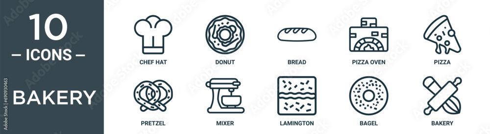 bakery outline icon set includes thin line chef hat, donut, bread ...