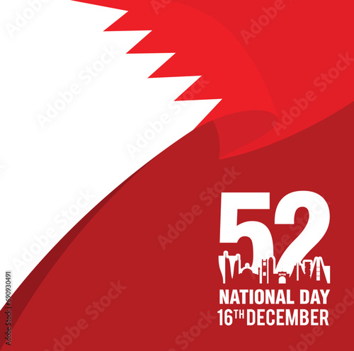 52 Bahrain National Day. 16 December. Arabic Text Translation: National day, Our Bahrain, Our Joy, Our Glory. Flag and Map of Bahrain. Vector Illustration.