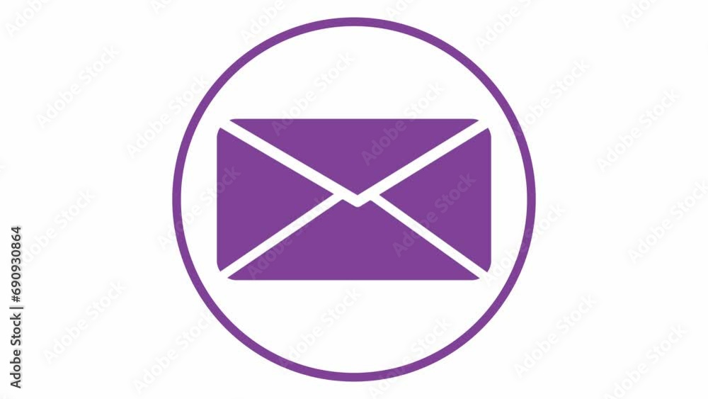 Animation of purple isolated mail icon appearing on white background. Purple circle forming around the flat 2D mail icon. Animation of purple isolated mail icon appearing on white background. Purple circle forming around the flat 2D mail icon.