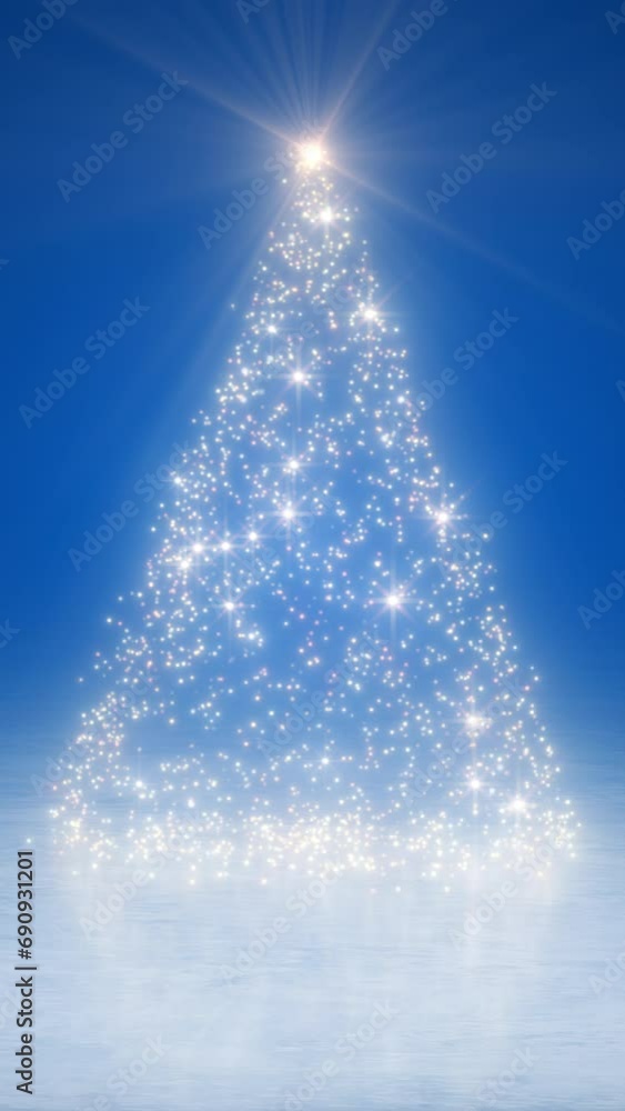 Vertical video animated shiny rotating Christmas tree with glitter effect on blue background. - Vacation concept - Abstract background. Vertical video animated shiny rotating Christmas tree with glitter effect on blue background. - Vacation concept - Abstract background.