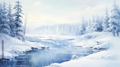 a wintery scene with a mix of cool blues and whites, creating a serene and crisp atmosphere.