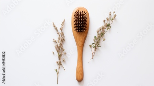 a wooden hairbrush, showcasing natural beauty on a clear white backdrop.