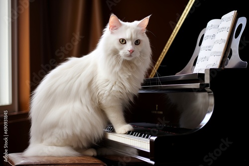 Elegant white cat poised by a grand piano