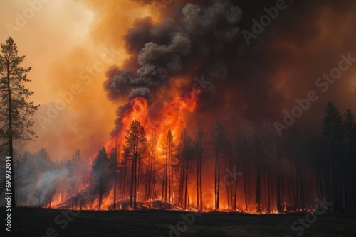A fire in the forest with thick black smoke.