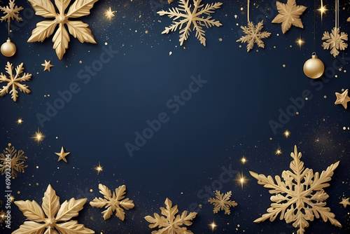 Christmas navy background with snowflakes and gold sequins with copy space