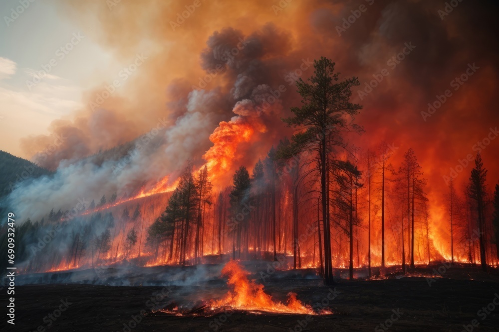 Fototapeta premium A progressive forest fire with a bright red fire and thick smoke rising into the air. A natural disaster in nature.