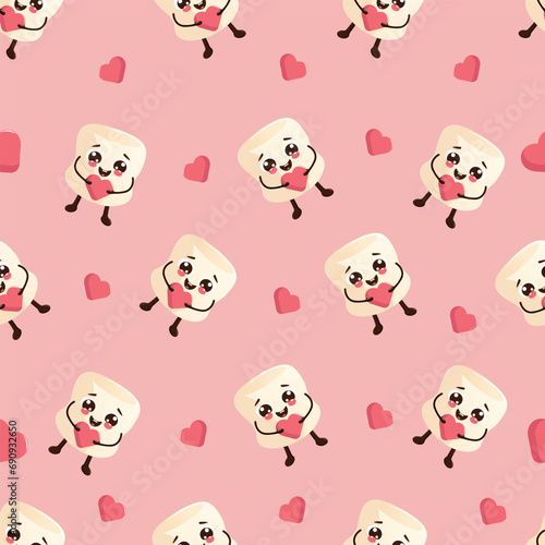 Fototapeta Naklejka Na Ścianę i Meble -  Seamless pattern with marshmallows and red heart.Valentine's day wrapping paper