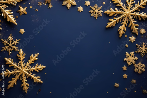 Christmas navy background with snowflakes and gold sequins with copy space