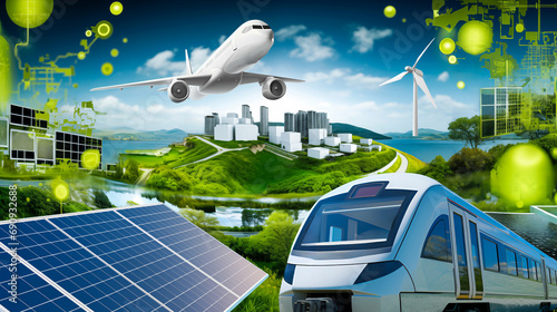 Towards a Carbon-Free Future. Net Zero Concept with Solar Panels, Eco-friendly Transportation, and Abstract Green Elements. Composite conceptual image of environment conservation.