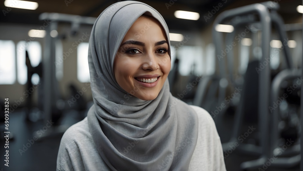 portrait of a smiling Muslim woman in a hijab in the gym portrait of a smiling Muslim woman in a hijab in the gym