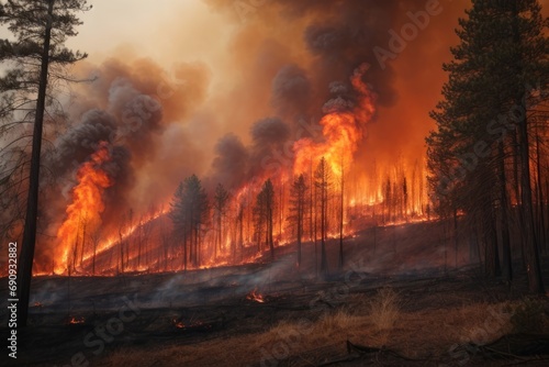 A progressive forest fire with a bright red fire and thick smoke rising into the air. A natural disaster in nature.