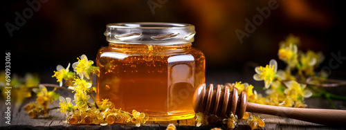 bee honey from linden on a wooden background photo