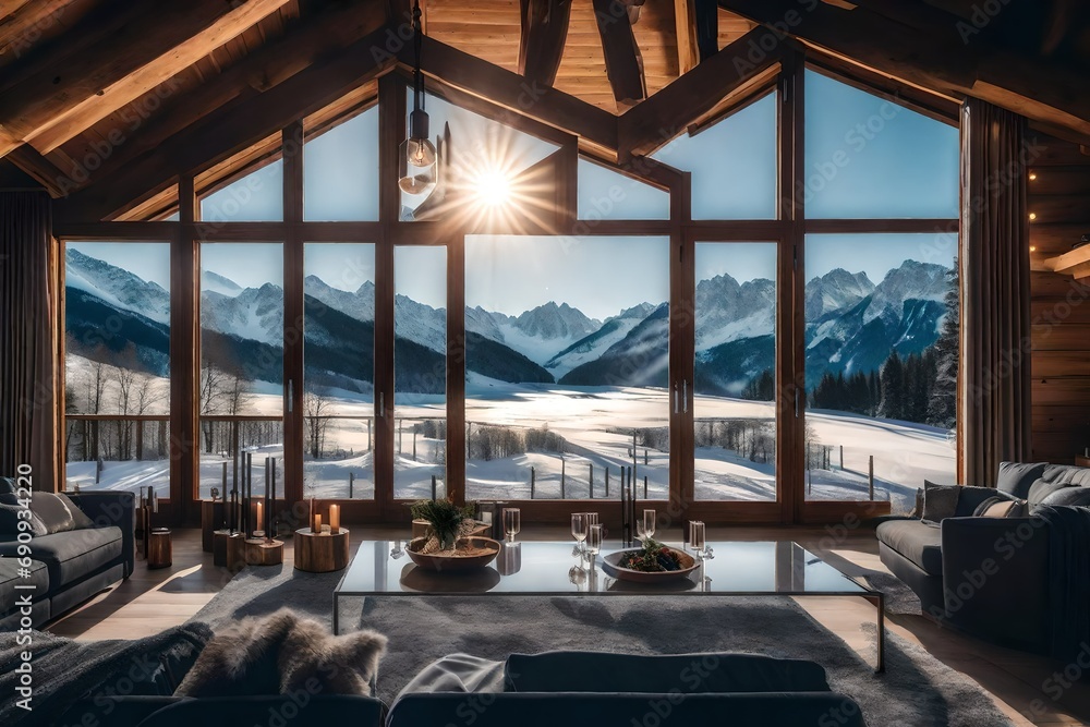 **cheminee dans l' inteneur d' un chalet de luxe en hiver avec vue la montagne et la neige.generative al