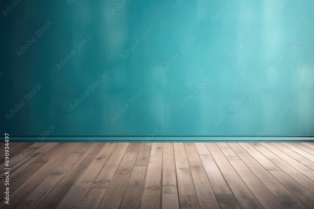Empty wall blue turquoise and wooden floor with interesting with glare from the window Interior background for the presentation high resolution - obrazy, fototapety, plakaty 