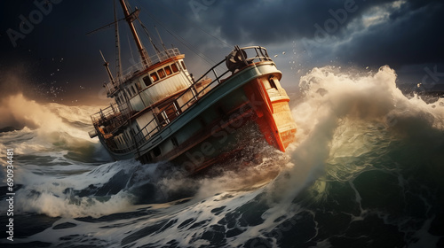 Dramatic photo of a small vintage Fishing trawler through the waves in a storm on a raging ocean photo