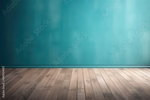 Empty wall blue turquoise and wooden floor with interesting with glare from the window Interior background for the presentation high resolution © Eyepain