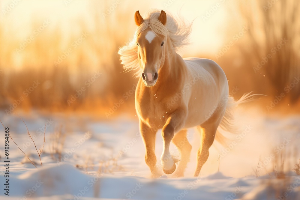A horse running through the snow at sunset. - obrazy, fototapety, plakaty 