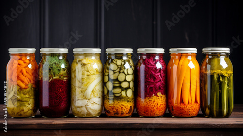 Row of glass jars with canned fermented vegetables. photo