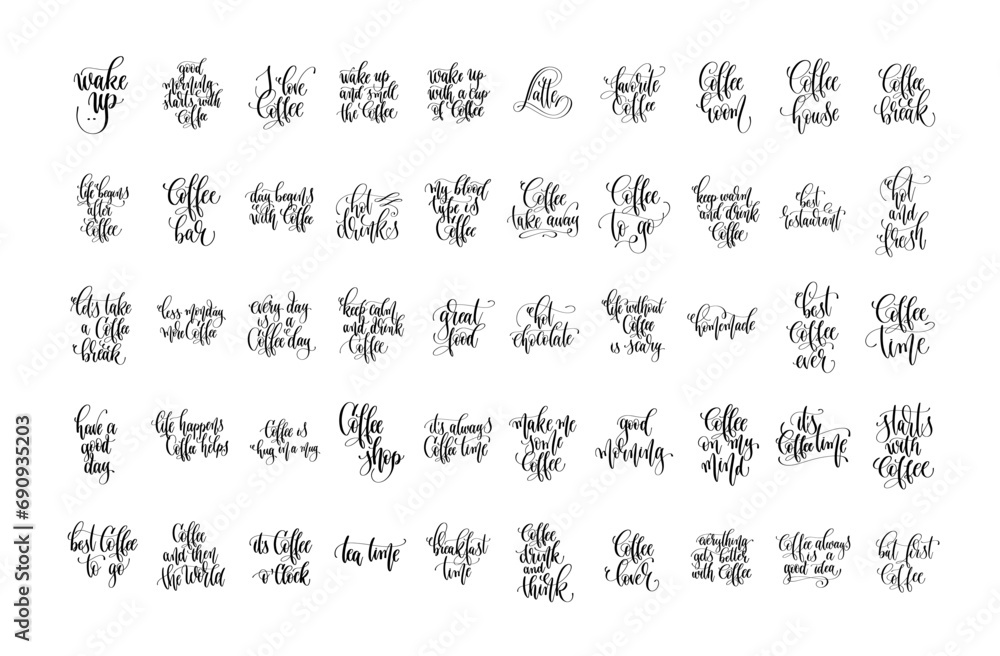 set of 50 hand lettering inscription about coffee time, calligraphy vector illustration collection