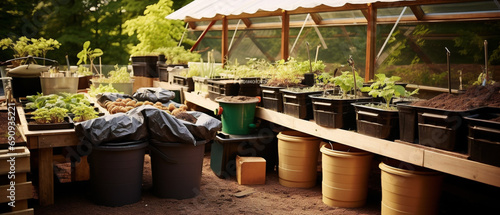 The image displays various composting setups, demonstrating the reduction of organic waste through recycling. photo