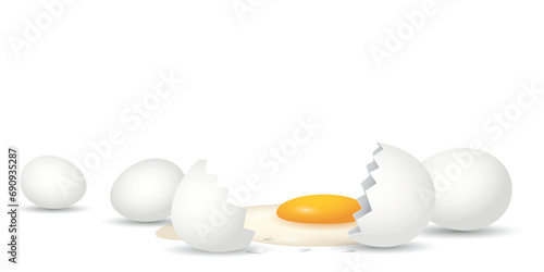 3D white eggs and half broken egg with yolk on white background vector illustration. Natural, healthy food, protein, cooking, ingredient and organic product concept template have blank space.