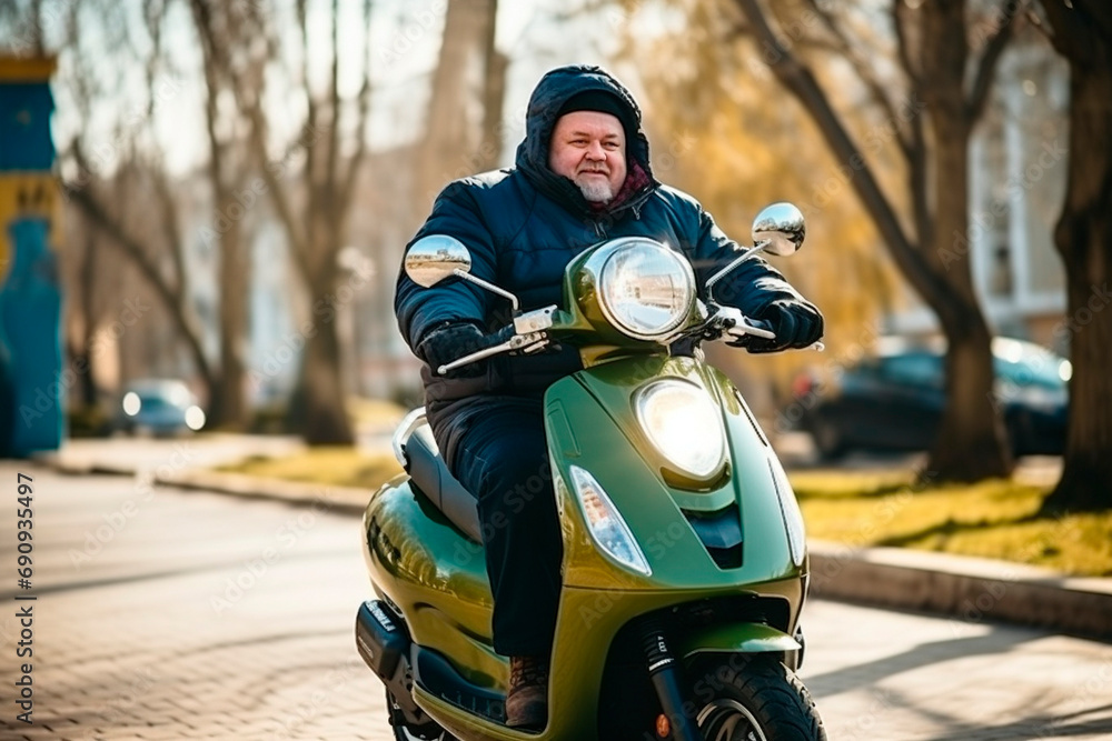 Obesity happy overweight man driving scooter. Obesity happy overweight man driving scooter.