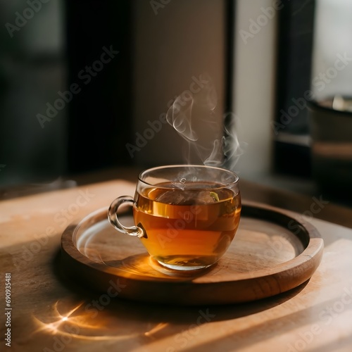 Hot tea glass with steam in morning light 