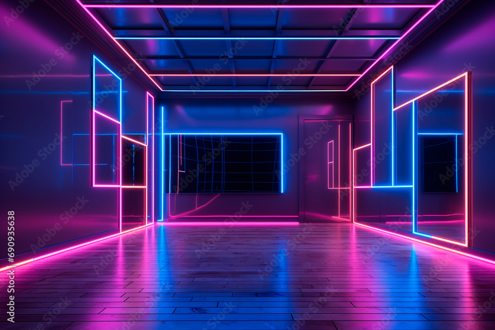 Modern room or hall interior with lot of neon lights.
