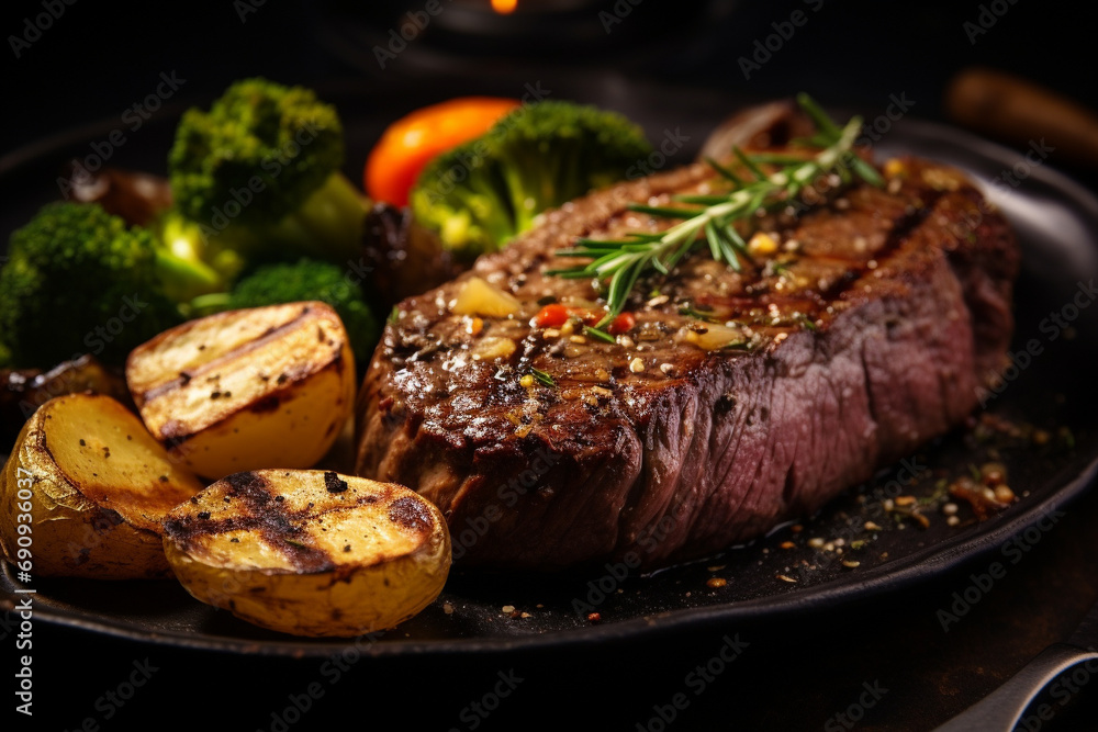 Juicy piquant meat steak baked with vegetables. Juicy piquant meat steak baked with vegetables.
