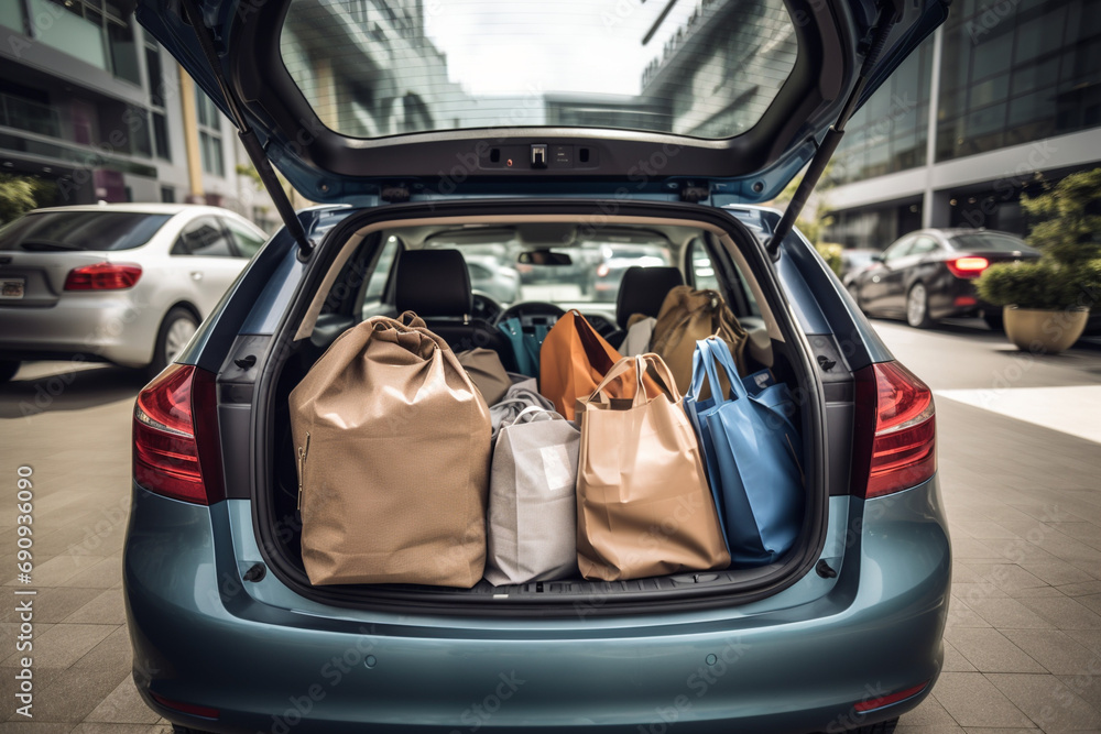 Bags and packages with purchases in the trunk of a car in the parking lot of a supermarket
