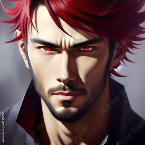 Masculine Anime Style Guy with Red Eyes and Black Outfit Looking at Camera Angrily