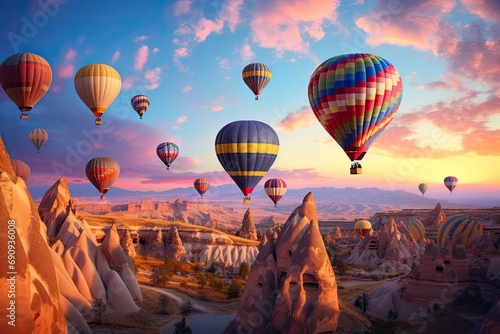 At sunset in Turkey, Cappadocia air balloons with vibrant colors of these balloons capture the final beams of sunlight, casting luminous glow upon the extraordinary scenery beneath them. AI-generated.
