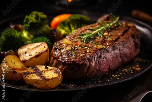 Juicy piquant meat steak baked with vegetables.